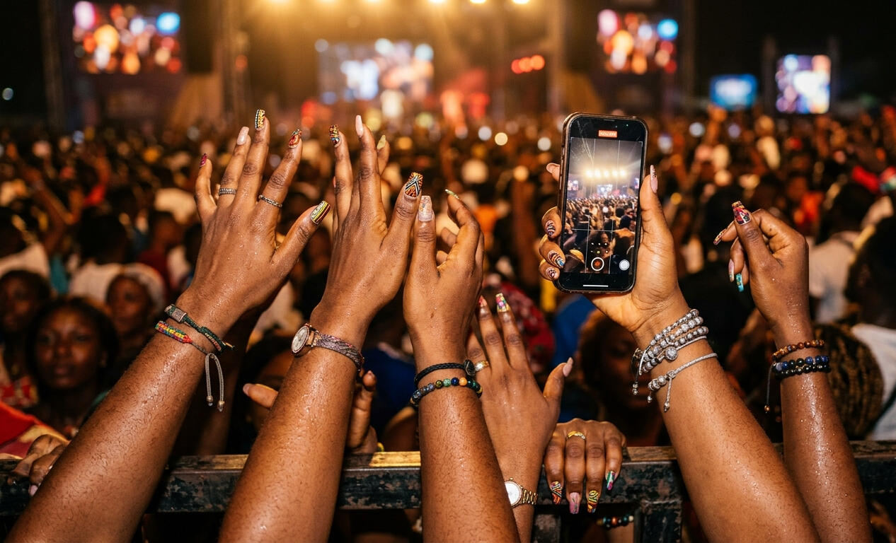 A crowd of fans raising their hands at a concert